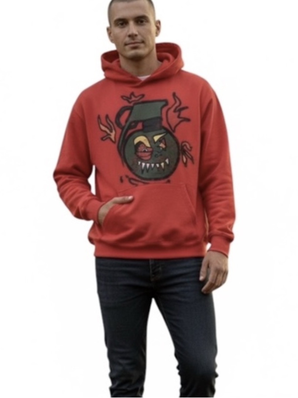 LGNDS NWT Red Graphic Pullover Hoodie with Cartoon Grenade Motif